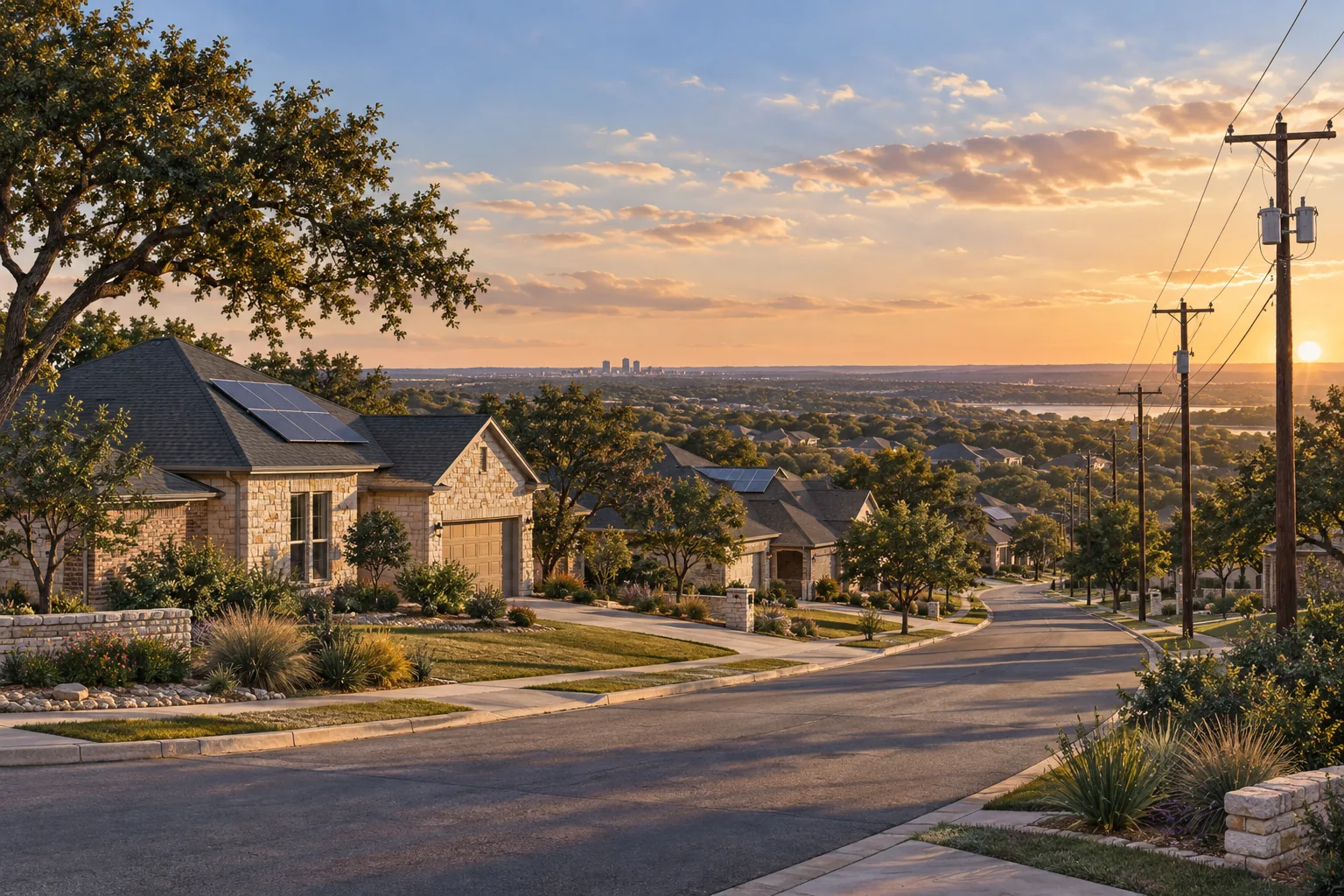 A street of stone homes, some with rooftop solar, beside wooden utility poles and power lines at sunset, with a distant skyline.