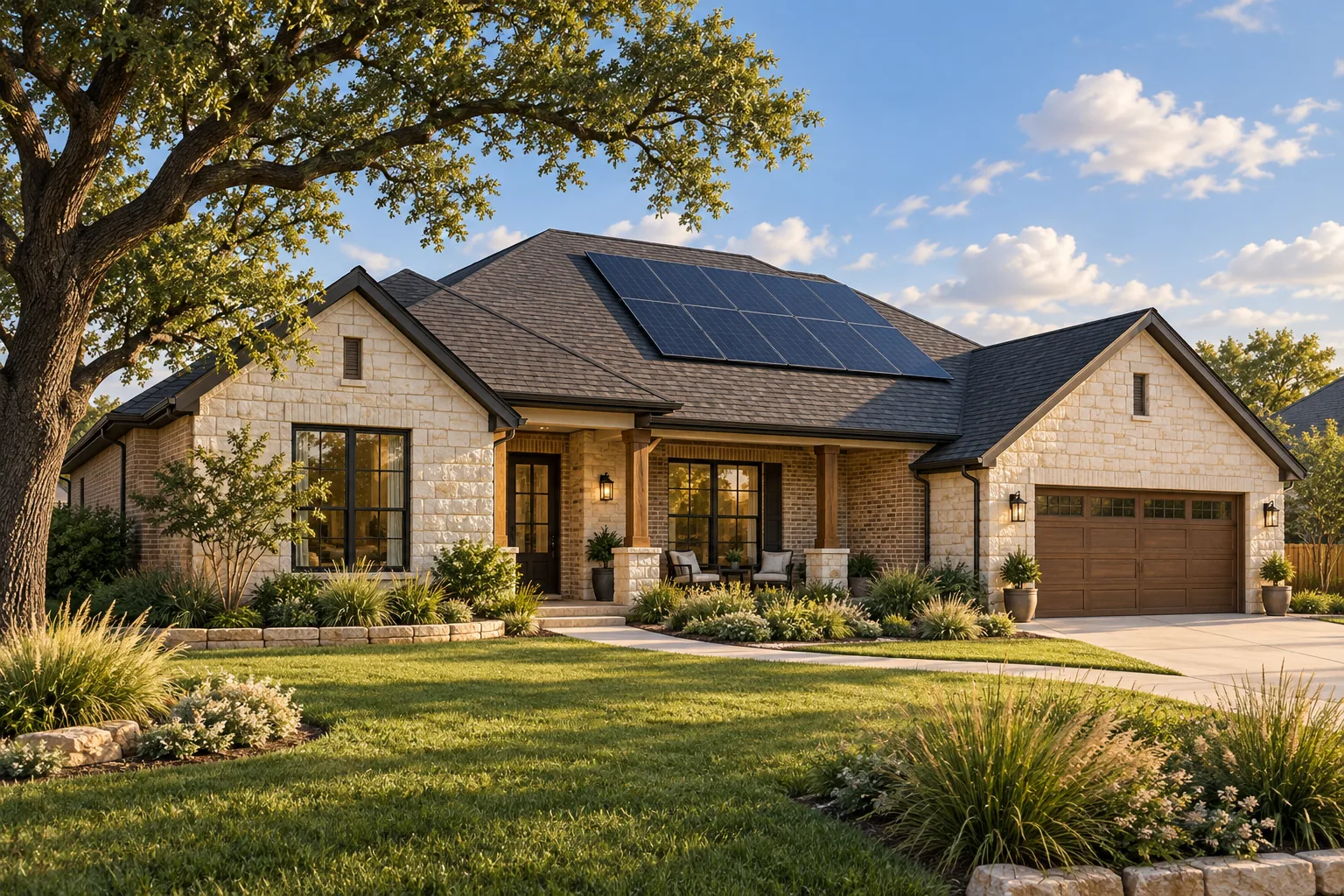 One-story limestone and brick home with solar panels on the roof, a live oak in the front yard and a blue sky.